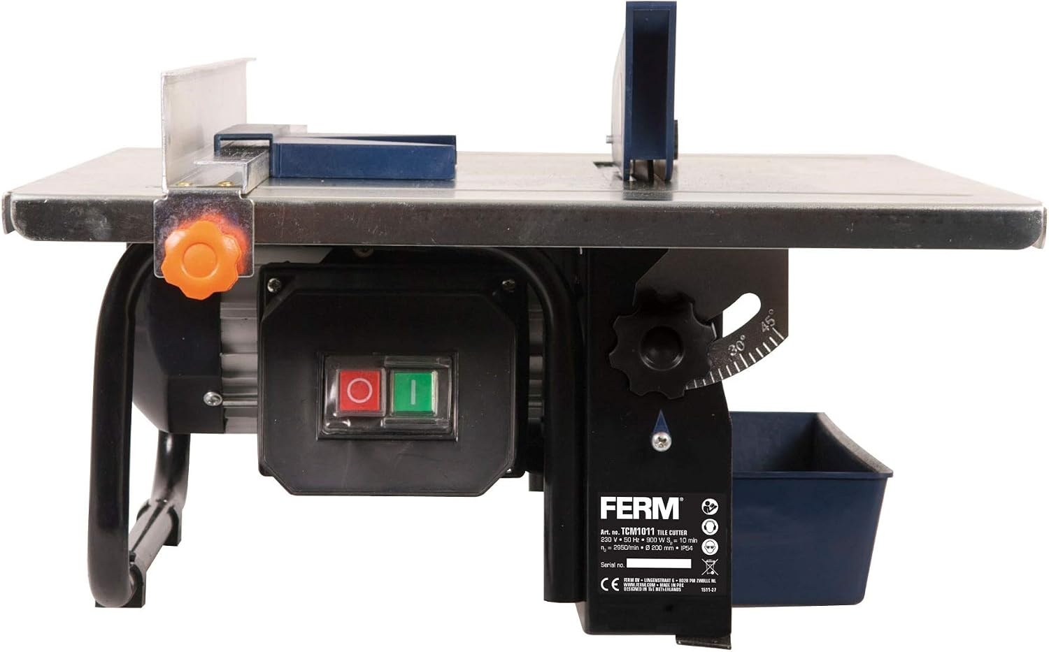 FERM Tegelsnijder 900W - 2950/min - 200mm diamantschijf - watergekoeld zaagblad - 0-45 graden verstelbaar, zwart, blauw, RVS