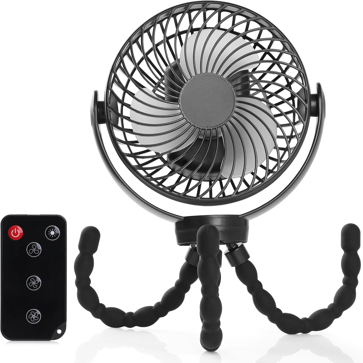 Simpeak Campingventilator, tafelventilator, 10.000 mAh, mini-USB-ventilator, stil, accuventilator met ledlicht, verstelbaar statief, 3 snelheden, 720 graden rotatie, zwart