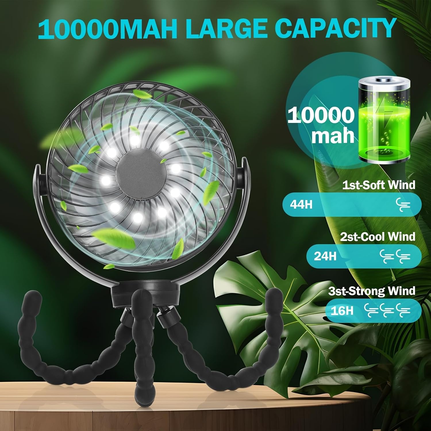 Simpeak Campingventilator, tafelventilator, 10.000 mAh, mini-USB-ventilator, stil, accuventilator met ledlicht, verstelbaar statief, 3 snelheden, 720 graden rotatie, zwart