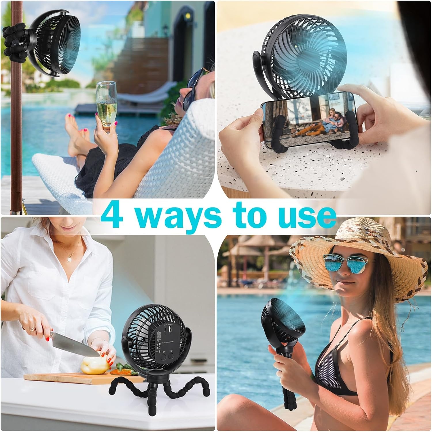 Simpeak Campingventilator, tafelventilator, 10.000 mAh, mini-USB-ventilator, stil, accuventilator met ledlicht, verstelbaar statief, 3 snelheden, 720 graden rotatie, zwart