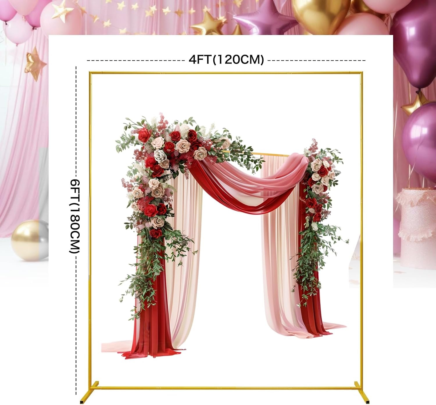 Gouden tafelstanghouder met klemmen, 1,8 x 1,2 m, achtergrondhouder van verguld metaal, voor bruiloftsboog, verjaardagsfeest, Halloween, kerstdecoratie