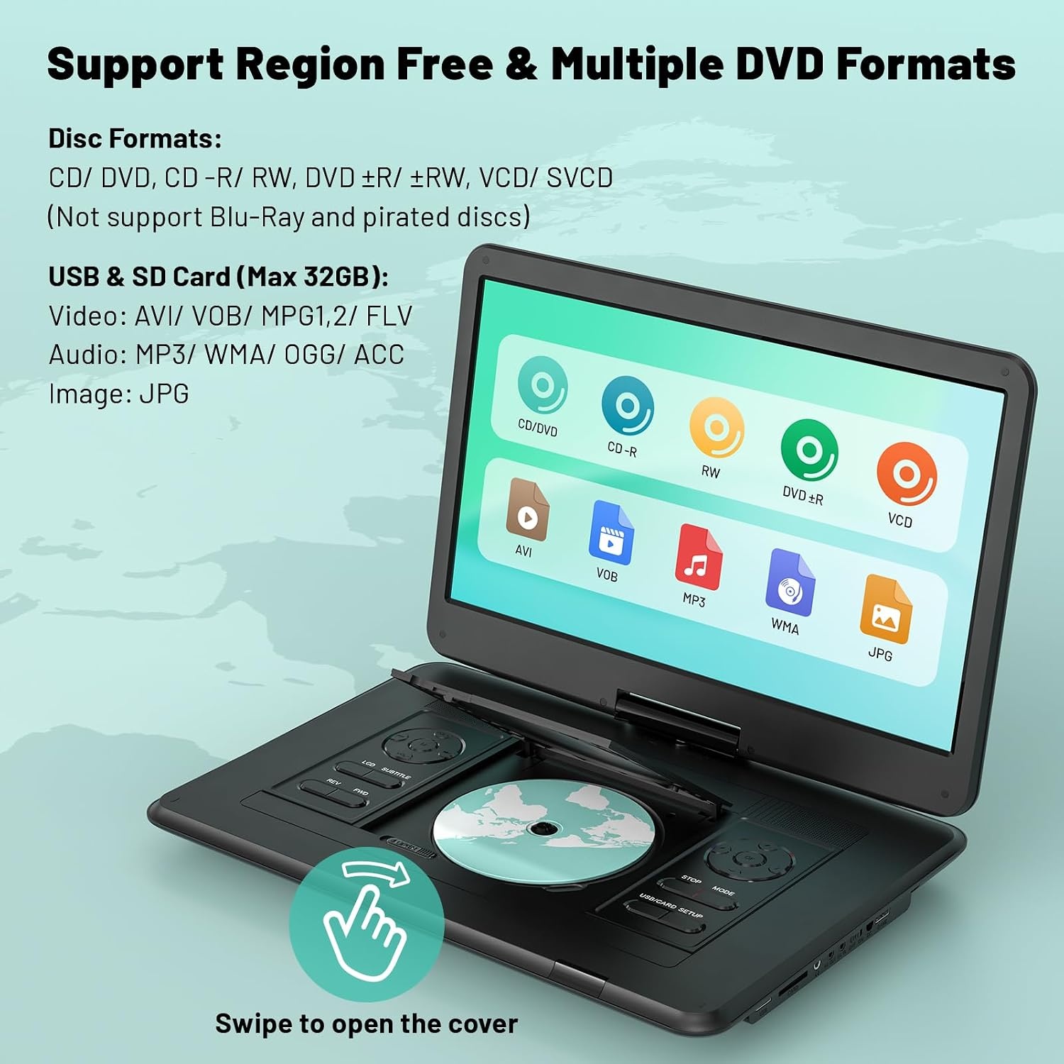POFOTO Draagbare dvd-speler, 43,9 cm (17,5 inch), HD-scherm, 39,6 cm (15,6 inch), 6 uur batterij, ondersteunt multiformaat/SD/USB, geen zones, synchroniseert tv, projector, anti-shock en geheugen