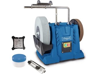 Scheppach TIGER 7000S waterslijper, inductiemotor, 200 W, slijpsteen van korund 250 x 50 mm, korrel 220, universeel apparaat, schuurpasta en hoeksjabloon