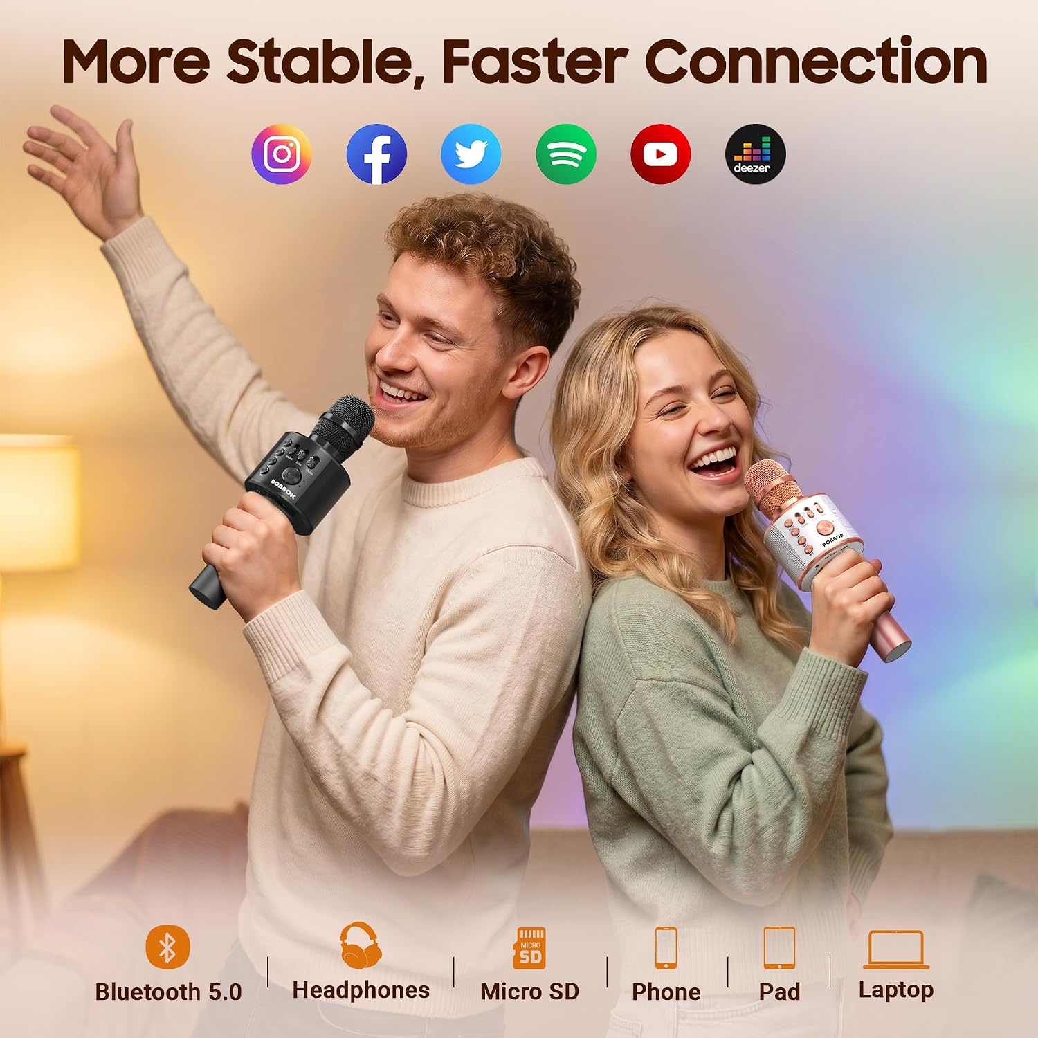 BONAOK Draadloze Karaoke Microfoon - Bluetooth Handheld Karaoke Speler - Zwart