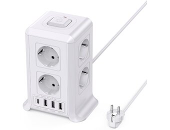 2 M Tower Stekkerdoos, USB-stekkerdoos, 8 AC-stopcontacten en 4 USB-stekkers, stekkerdoos, overspanningsbeveiliging, verticale stekkerdoos met schakelaar voor tafel, kantoor, huis, (Wit, 2M)