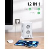 2 M Tower Stekkerdoos, USB-stekkerdoos, 8 AC-stopcontacten en 4 USB-stekkers, stekkerdoos, overspanningsbeveiliging, verticale stekkerdoos met schakelaar voor tafel, kantoor, huis, (Wit, 2M)