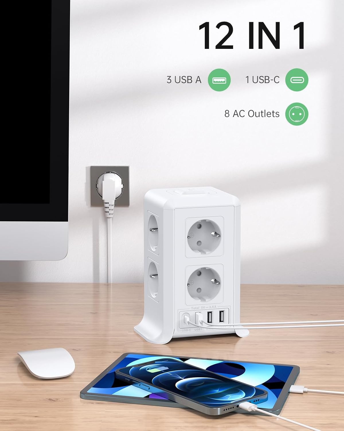 2 M Tower Stekkerdoos, USB-stekkerdoos, 8 AC-stopcontacten en 4 USB-stekkers, stekkerdoos, overspanningsbeveiliging, verticale stekkerdoos met schakelaar voor tafel, kantoor, huis, (Wit, 2M)