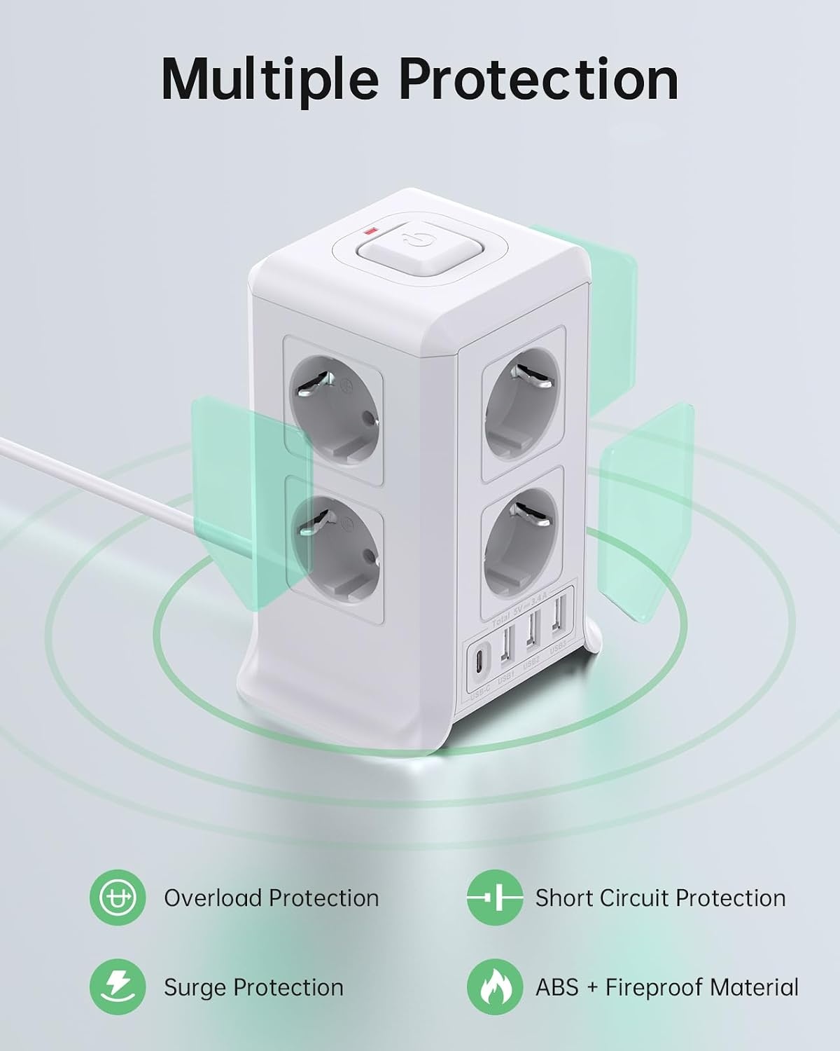 2 M Tower Stekkerdoos, USB-stekkerdoos, 8 AC-stopcontacten en 4 USB-stekkers, stekkerdoos, overspanningsbeveiliging, verticale stekkerdoos met schakelaar voor tafel, kantoor, huis, (Wit, 2M)
