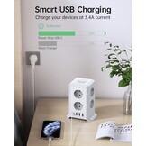 2 M Tower Stekkerdoos, USB-stekkerdoos, 8 AC-stopcontacten en 4 USB-stekkers, stekkerdoos, overspanningsbeveiliging, verticale stekkerdoos met schakelaar voor tafel, kantoor, huis, (Wit, 2M)