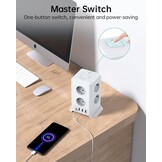 2 M Tower Stekkerdoos, USB-stekkerdoos, 8 AC-stopcontacten en 4 USB-stekkers, stekkerdoos, overspanningsbeveiliging, verticale stekkerdoos met schakelaar voor tafel, kantoor, huis, (Wit, 2M)