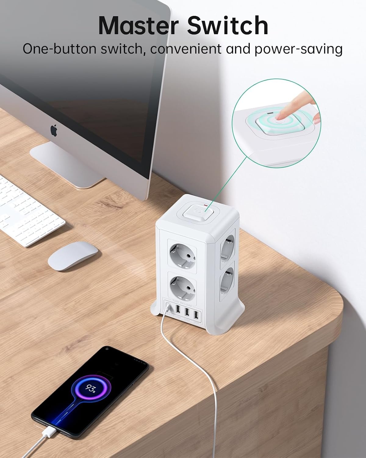 2 M Tower Stekkerdoos, USB-stekkerdoos, 8 AC-stopcontacten en 4 USB-stekkers, stekkerdoos, overspanningsbeveiliging, verticale stekkerdoos met schakelaar voor tafel, kantoor, huis, (Wit, 2M)