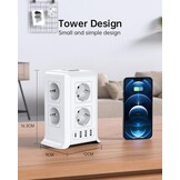 2 M Tower Stekkerdoos, USB-stekkerdoos, 8 AC-stopcontacten en 4 USB-stekkers, stekkerdoos, overspanningsbeveiliging, verticale stekkerdoos met schakelaar voor tafel, kantoor, huis, (Wit, 2M)