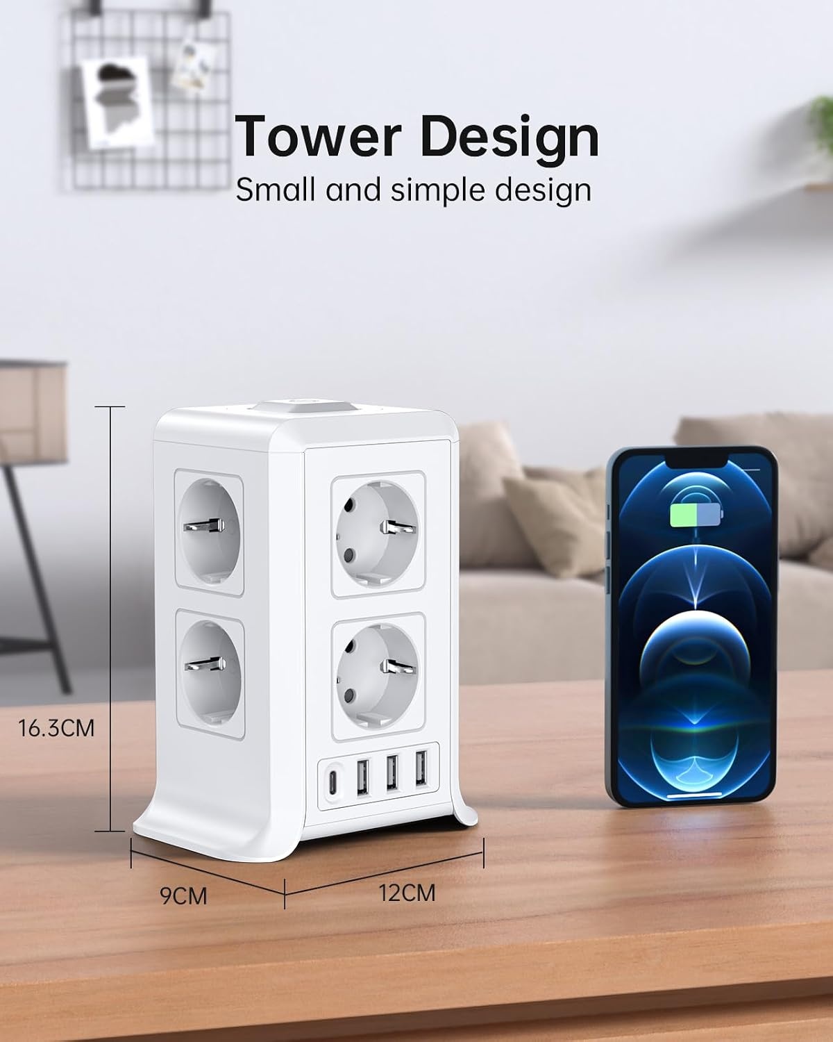 2 M Tower Stekkerdoos, USB-stekkerdoos, 8 AC-stopcontacten en 4 USB-stekkers, stekkerdoos, overspanningsbeveiliging, verticale stekkerdoos met schakelaar voor tafel, kantoor, huis, (Wit, 2M)