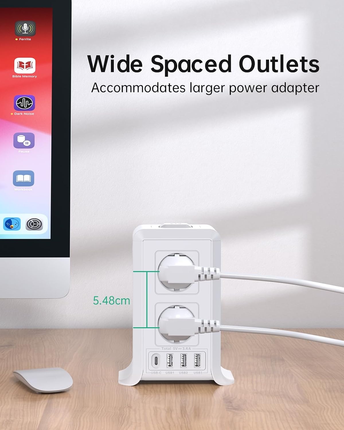 2 M Tower Stekkerdoos, USB-stekkerdoos, 8 AC-stopcontacten en 4 USB-stekkers, stekkerdoos, overspanningsbeveiliging, verticale stekkerdoos met schakelaar voor tafel, kantoor, huis, (Wit, 2M)