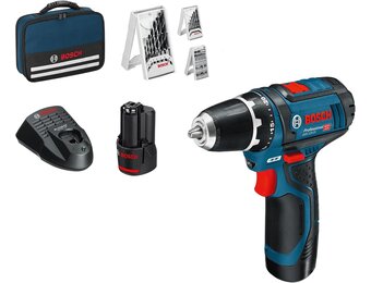 Bosch Professional 12V System accuschroefboormachine GSR 12V-15 met 2 x accu 2,0 Ah, oplader, 39-dlg. accessoireset, tas - Amazon Exclusive-set