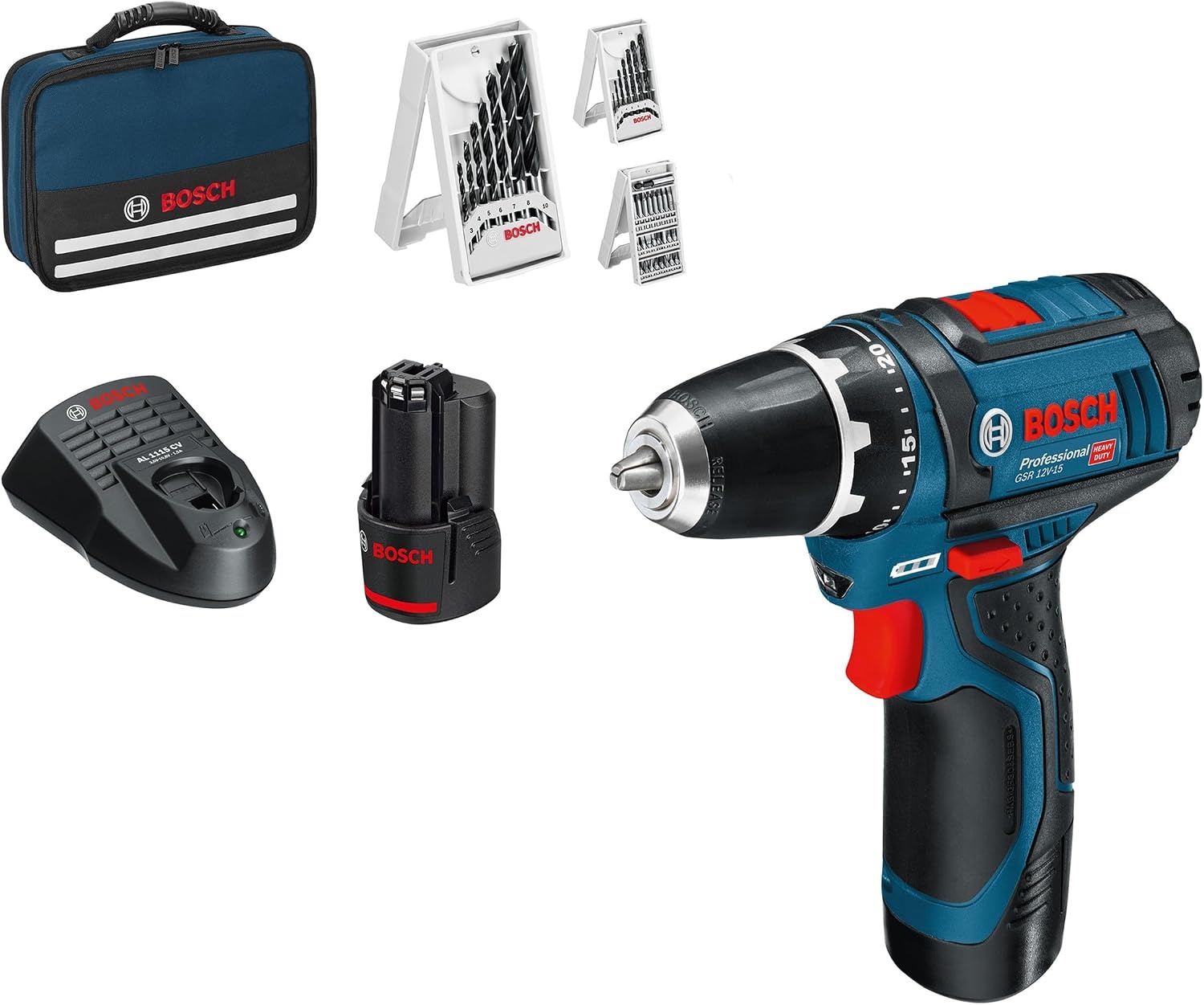 Bosch Professional 12V System accuschroefboormachine GSR 12V-15 met 2 x accu 2,0 Ah, oplader, 39-dlg. accessoireset, tas - Amazon Exclusive-set