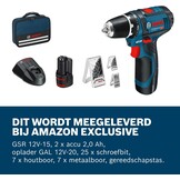 Bosch Professional 12V System accuschroefboormachine GSR 12V-15 met 2 x accu 2,0 Ah, oplader, 39-dlg. accessoireset, tas - Amazon Exclusive-set