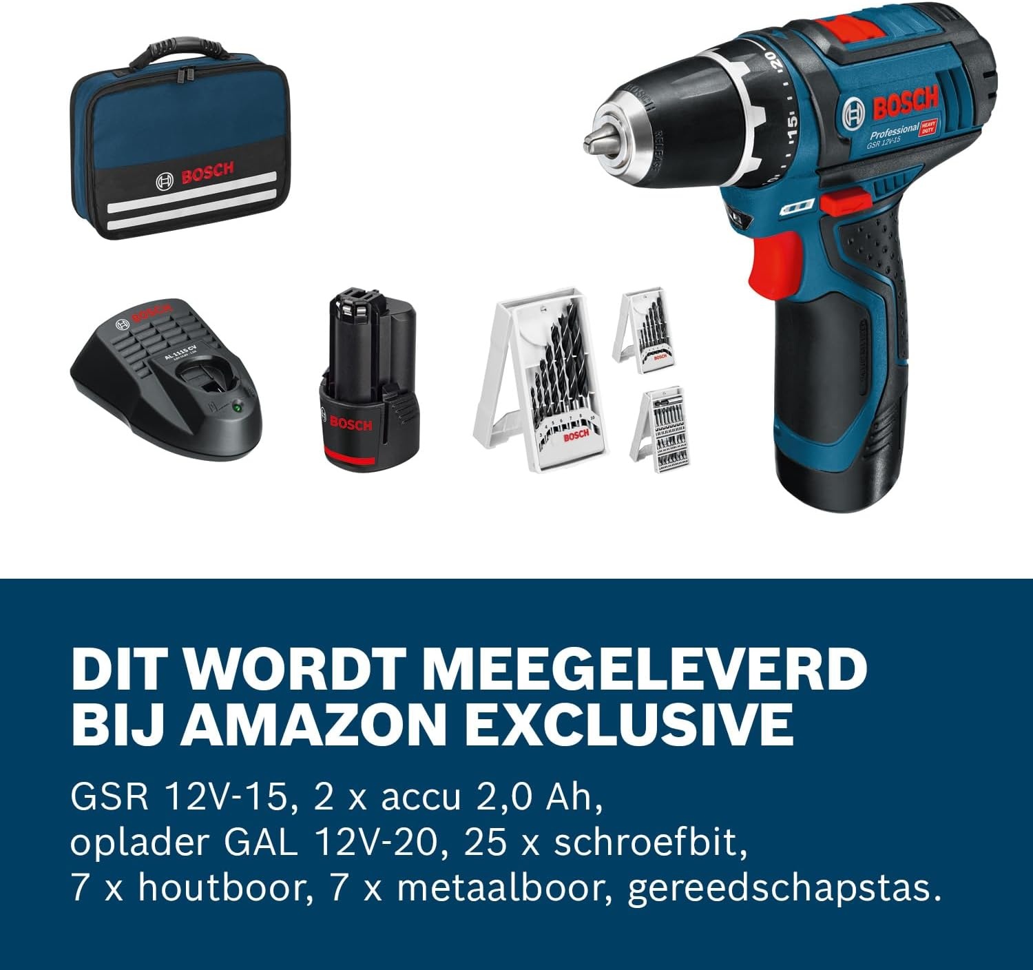 Bosch Professional 12V System accuschroefboormachine GSR 12V-15 met 2 x accu 2,0 Ah, oplader, 39-dlg. accessoireset, tas - Amazon Exclusive-set