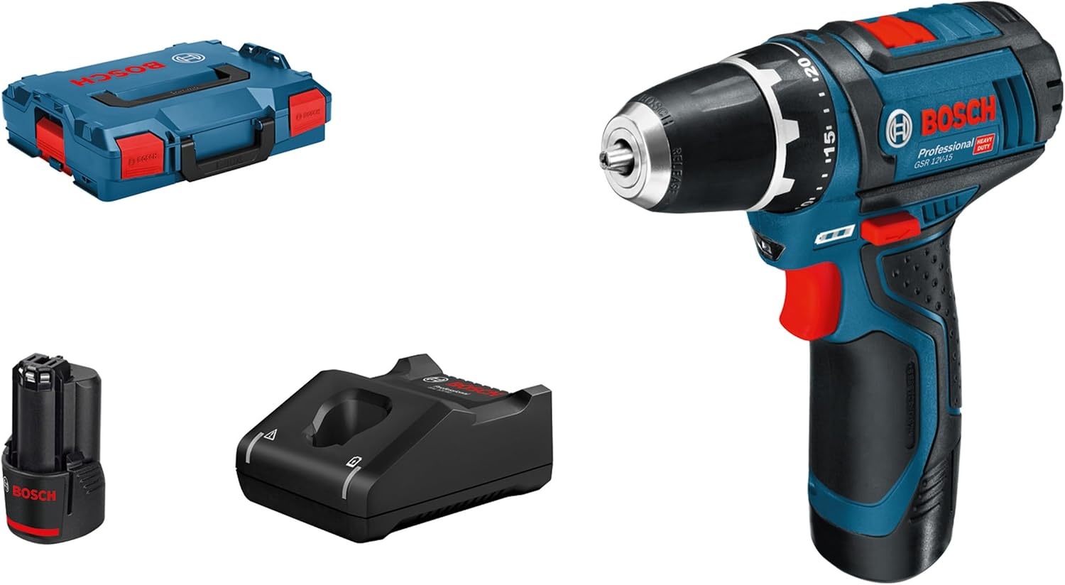 Bosch Professional 12V System accuschroefboormachine GSR 12V-15 met 2 x accu 2,0 Ah, oplader, 39-dlg. accessoireset, tas - Amazon Exclusive-set