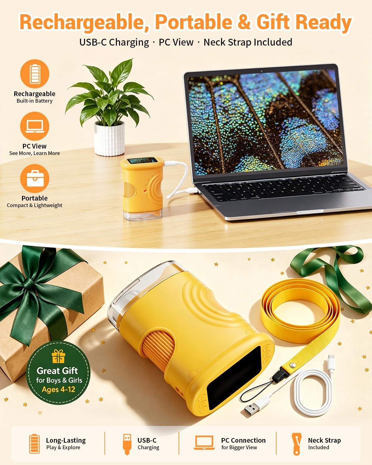 1000X digitale handmicroscoop voor kinderen met 2 inch IPS-scherm, paasgeschenken draagbaar STEM Science Lab speelgoed, oplaadbare zakmicroscoop educatief cadeau voor jongens en meisjes leeftijd 4-6 8