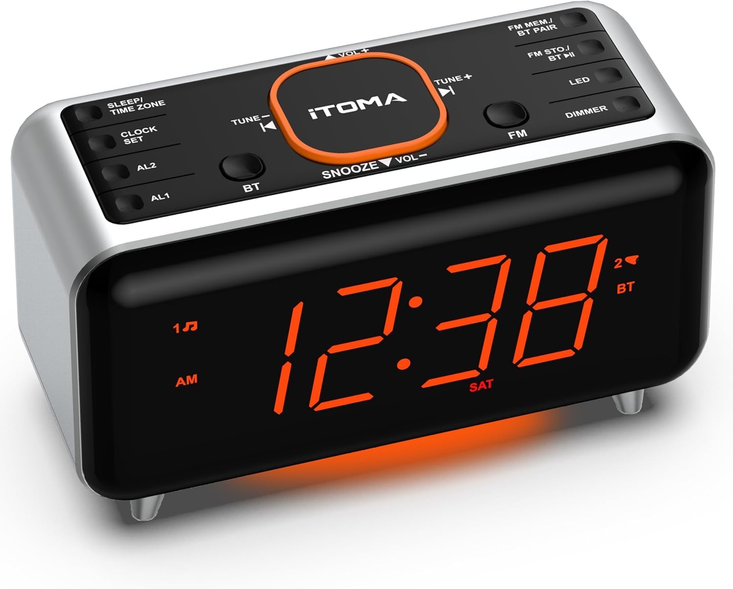 iTOMA CKS208 Radiowekker met app-bediening, bluetooth, FM-radio, dubbel alarm van 4-alarmmodi, Easy Snooze, dimmer, oranje nachtlampje, 12/24 uur via USB-oplaadpoort