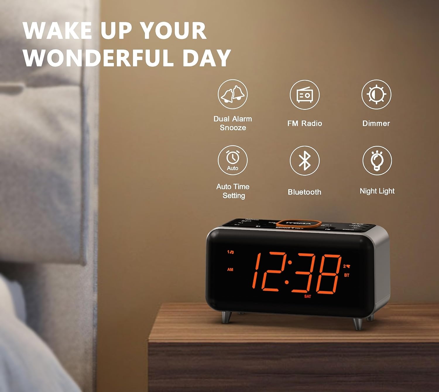 iTOMA CKS208 Radiowekker met app-bediening, bluetooth, FM-radio, dubbel alarm van 4-alarmmodi, Easy Snooze, dimmer, oranje nachtlampje, 12/24 uur via USB-oplaadpoort