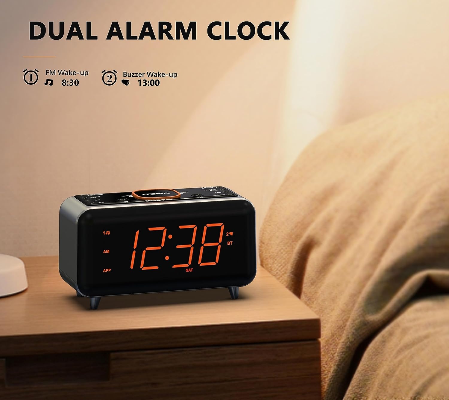 iTOMA CKS208 Radiowekker met app-bediening, bluetooth, FM-radio, dubbel alarm van 4-alarmmodi, Easy Snooze, dimmer, oranje nachtlampje, 12/24 uur via USB-oplaadpoort