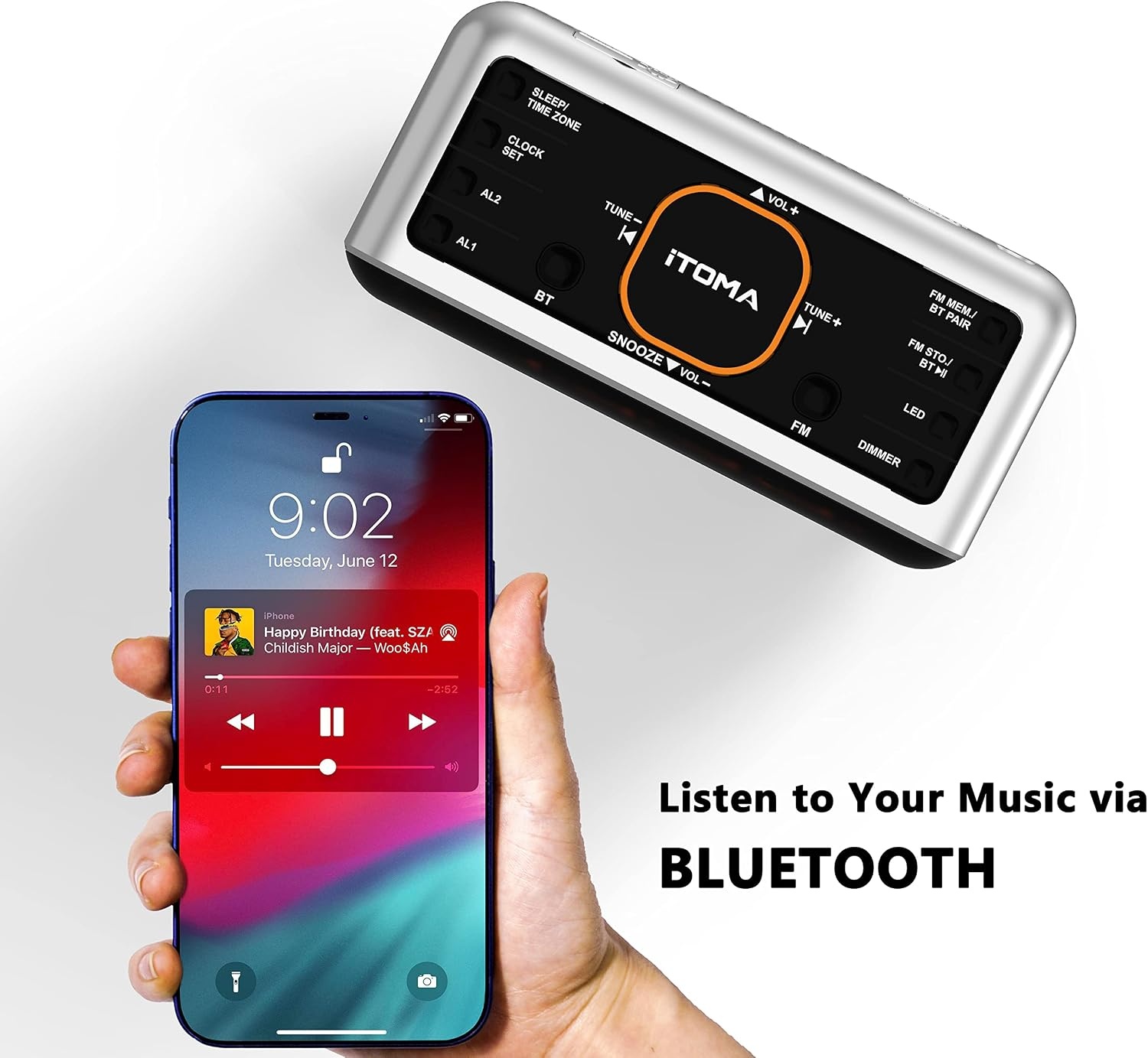 iTOMA CKS208 Radiowekker met app-bediening, bluetooth, FM-radio, dubbel alarm van 4-alarmmodi, Easy Snooze, dimmer, oranje nachtlampje, 12/24 uur via USB-oplaadpoort