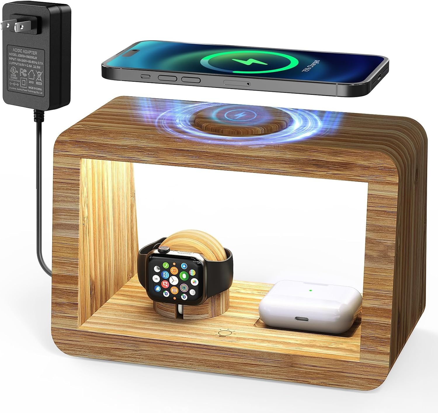 Draadloos laadstation met nachtlampje, 4-in-1 draadloze snellader met adapter en kabel, draadloze oplader voor iPhone, AirPods Pro, voor Apple Watch