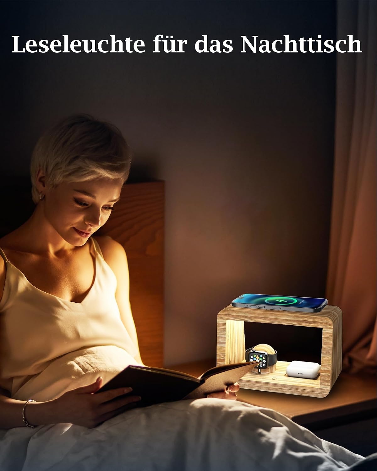 Draadloos laadstation met nachtlampje, 4-in-1 draadloze snellader met adapter en kabel, draadloze oplader voor iPhone, AirPods Pro, voor Apple Watch