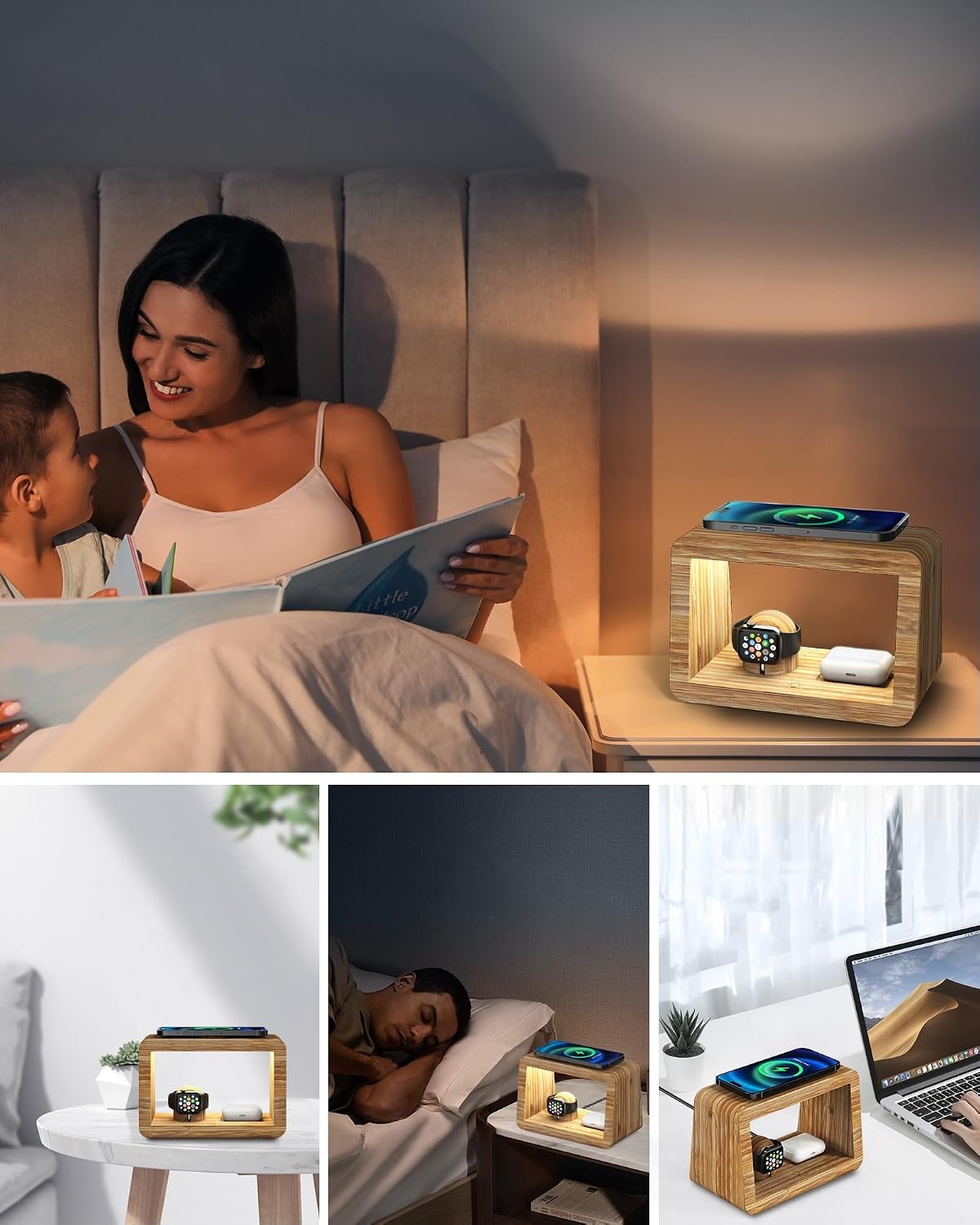 Draadloos laadstation met nachtlampje, 4-in-1 draadloze snellader met adapter en kabel, draadloze oplader voor iPhone, AirPods Pro, voor Apple Watch