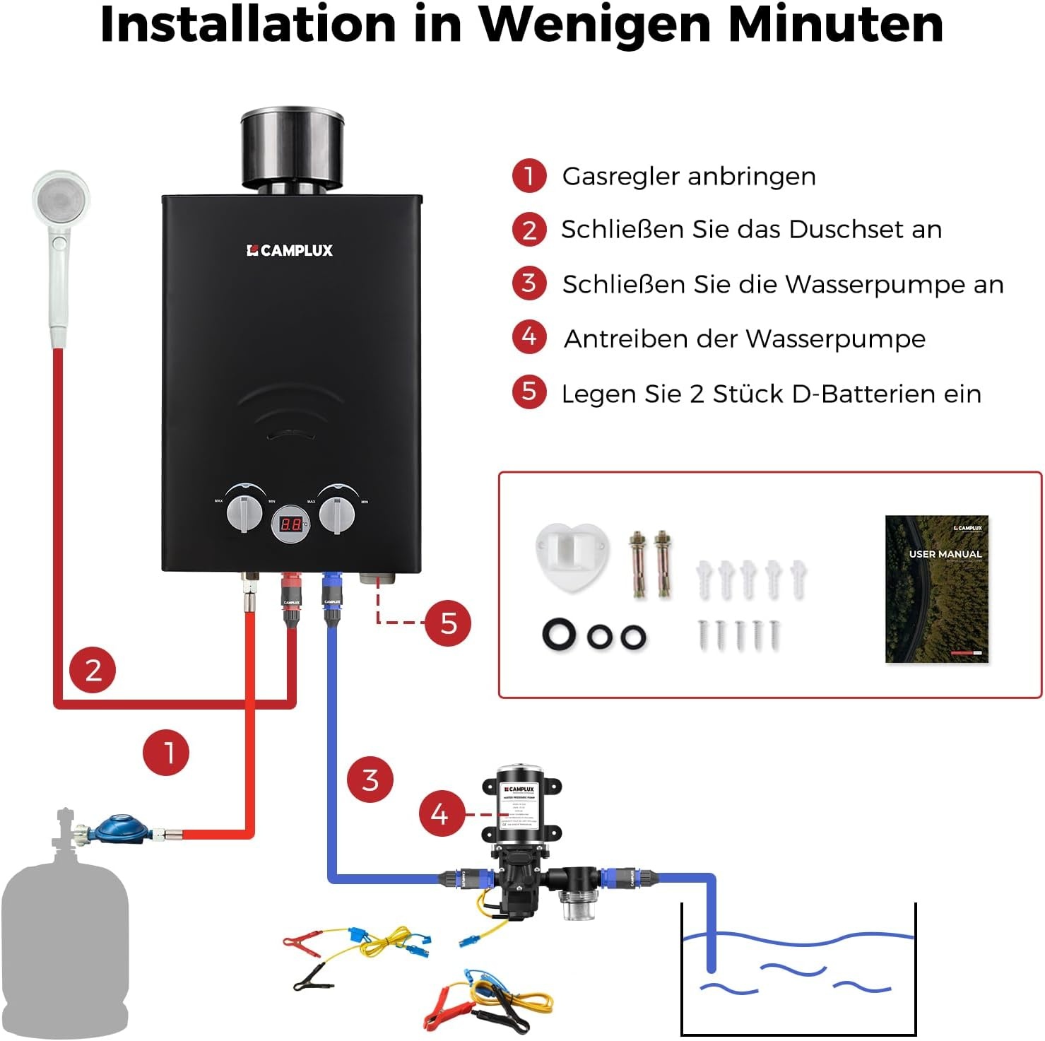 Camplux Geiser 6 Liter met 12V Waterpomp - Propaan/Butaan