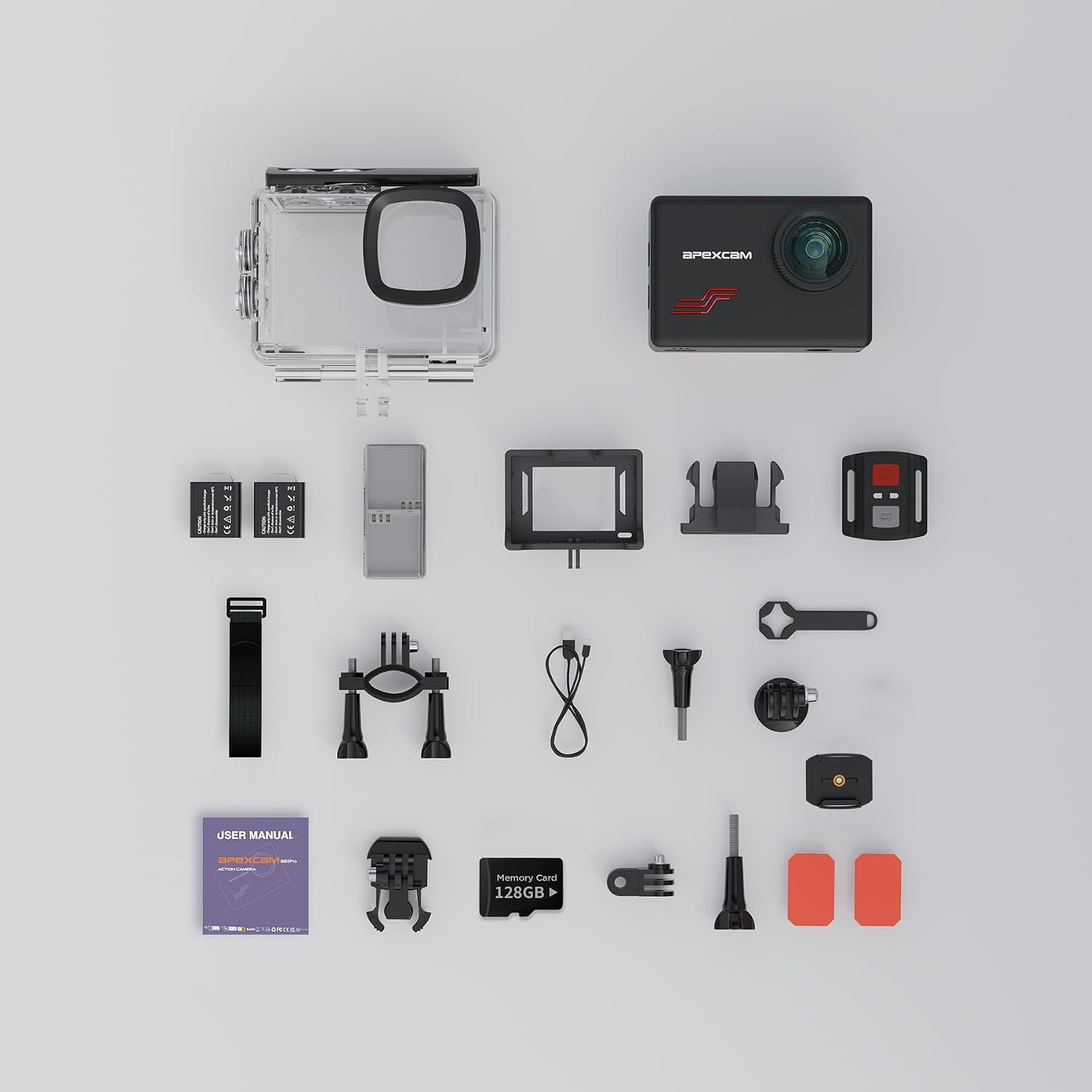 Apexcam M80PRO 4K Sportcamera met 128GB kaart - 48MP - 40m Waterdicht - 2 Accu's