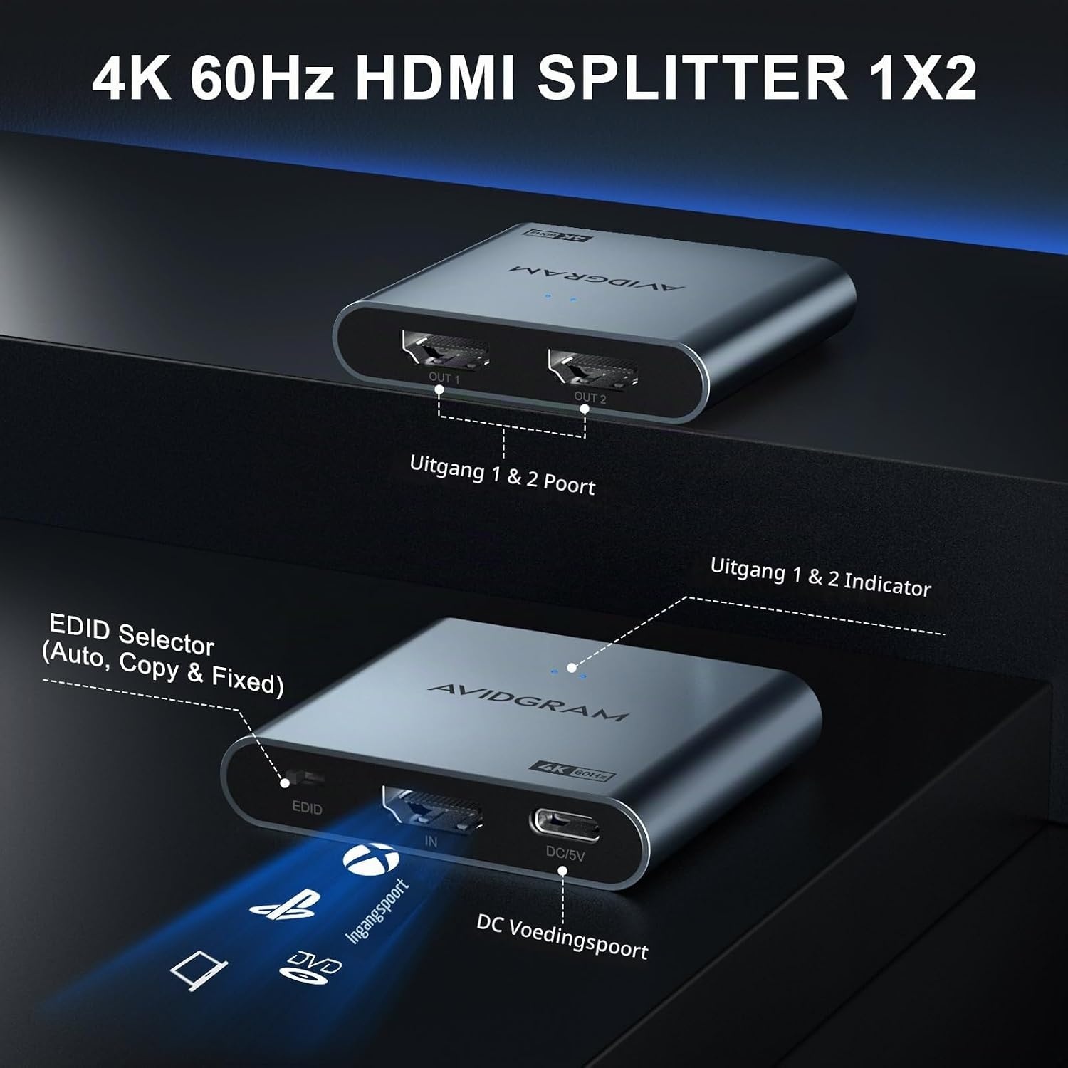 AVIDGRAM HDMI Splitter 1 In 2 Out 4K 60Hz met Downscaler - Zwart