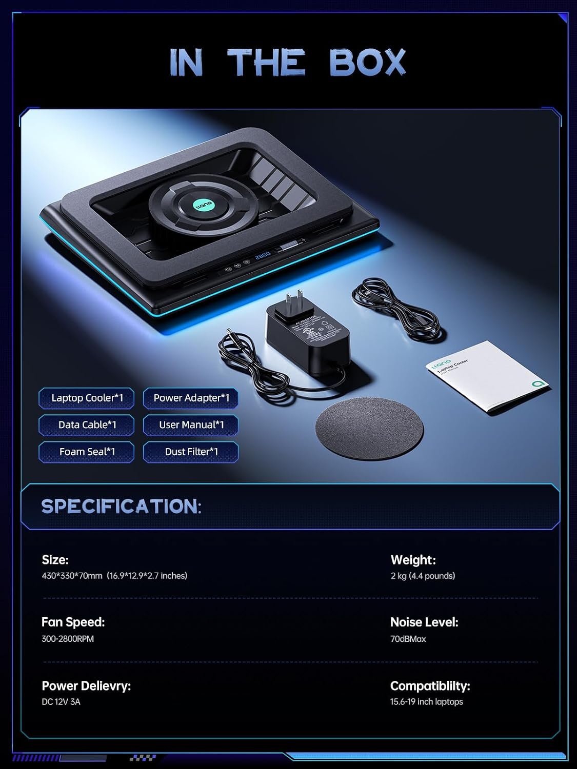 llano RGB Gaming Laptop Koelpad, koelpad met traploze touch-bediening en 3 poorten USB A, grote krachtige turbo-ventilator, afdichtingsschuim voor 15-19 inch computernotebook