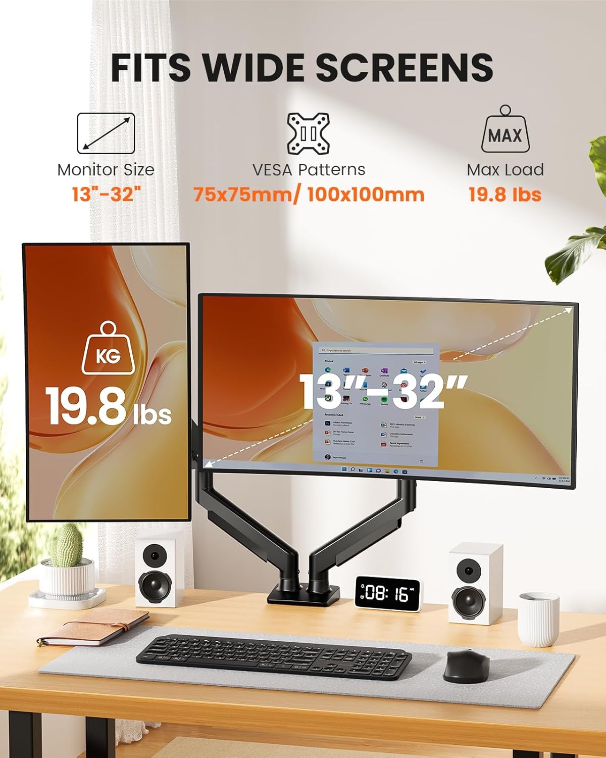 ErGear Dubbele monitorarm, volledig verstelbare monitorhouder voor 13-32 ″ schermen, snel te installeren computermonitorstandaard met gereedschapsvrije VESA-montage, maximale belasting 9 kg Max VESA