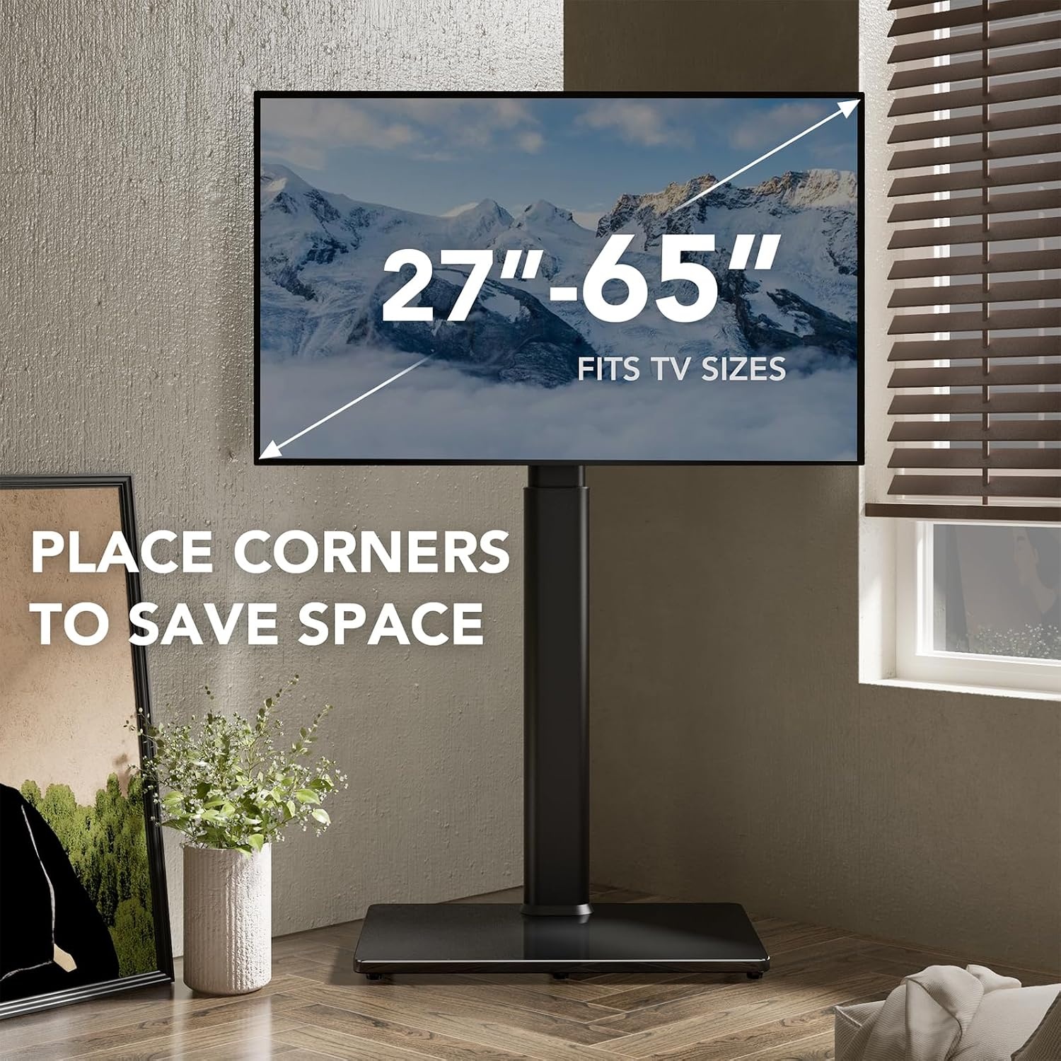 AX WABER Universele tv-vloerstandaard met houder voor tv's van 27 tot 65 inch, draaibare staande tv-standaard met 9 niveaus in hoogte verstelbaar, ruimtebesparend ontwerp hoge tv-standaard voor