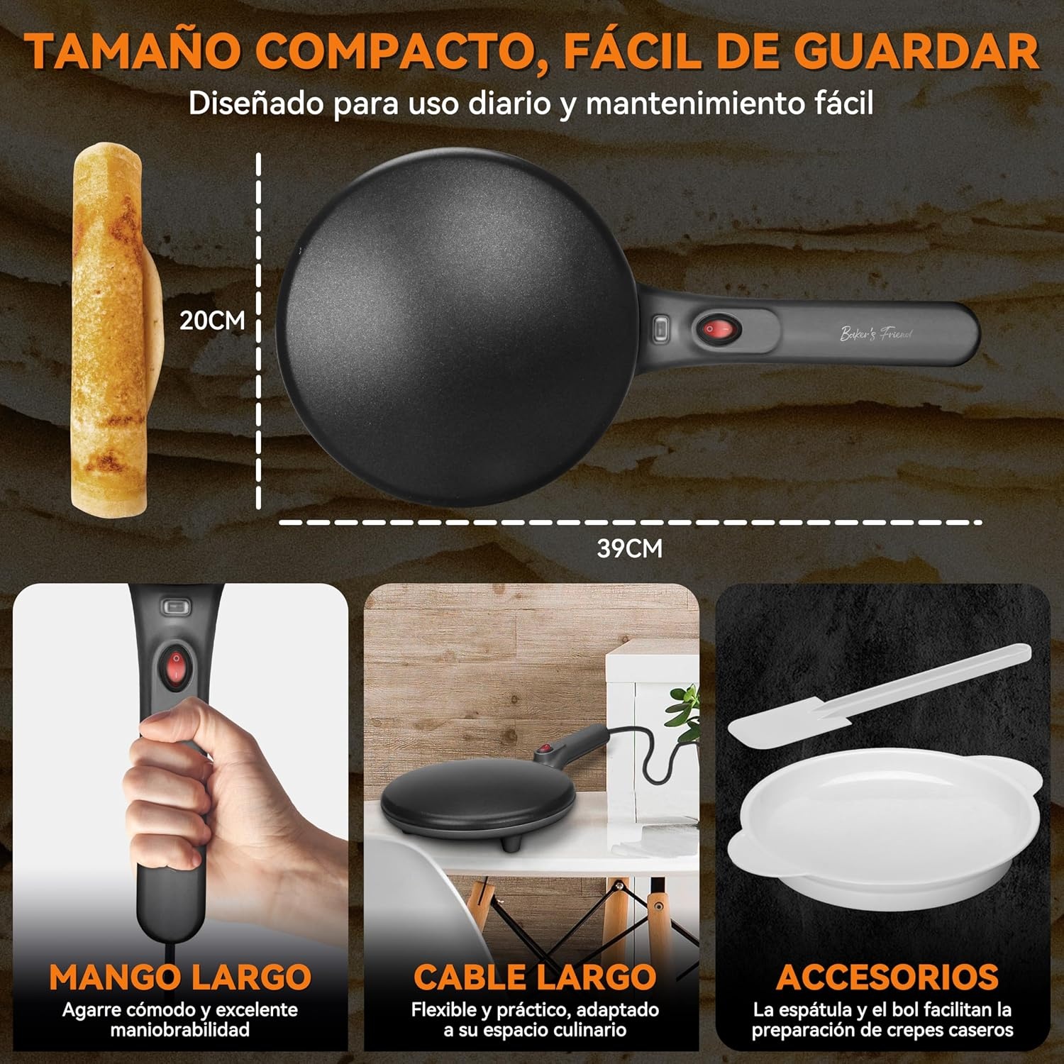 Baker's Friend Onmiddellijke crêpemachine, crêpepan met brandvaste handgreep, anti-aanbakkookoppervlak van 20 cm, automatische temperatuurregeling, grafiet
