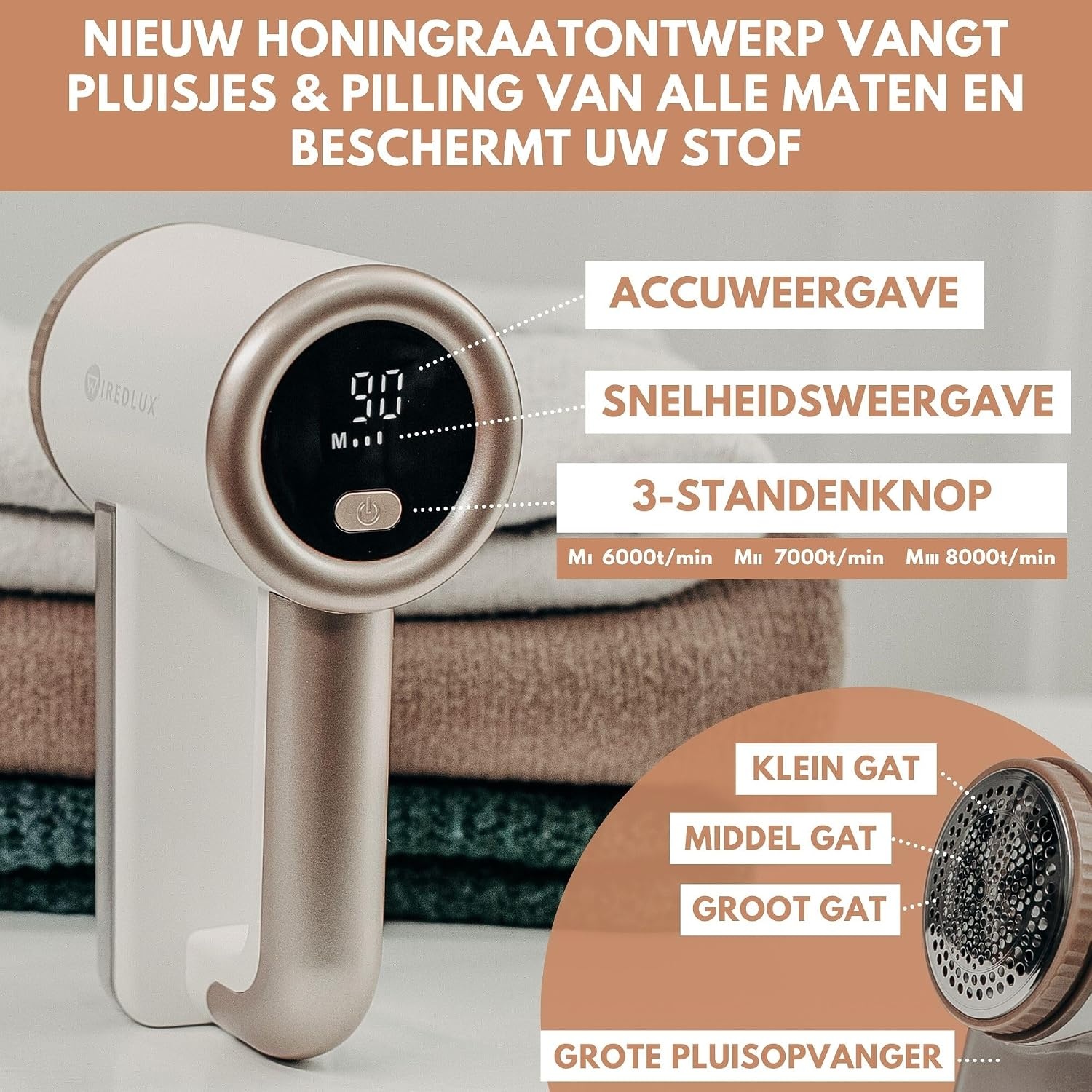 Elektrische Pluizenverwijderaar, Oplaadbare Ontpiller voor Kleding & Meubels, Verstelbare 3-Snelheden, 6-Blads Mes, LED-display, Pluisscheerapparaat met Dubbele Bescherming