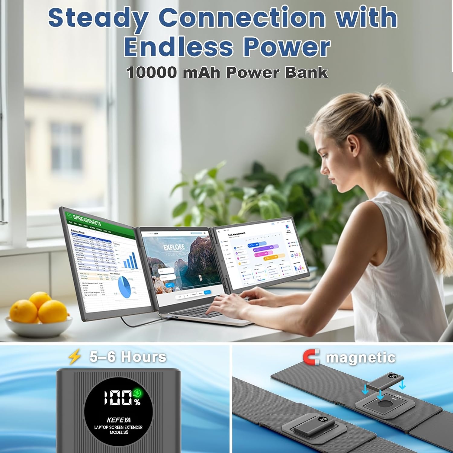 KEFEYA Triple Laptop Scherm Extender 15.6 inch met Powerbank - Carbon Zwart
