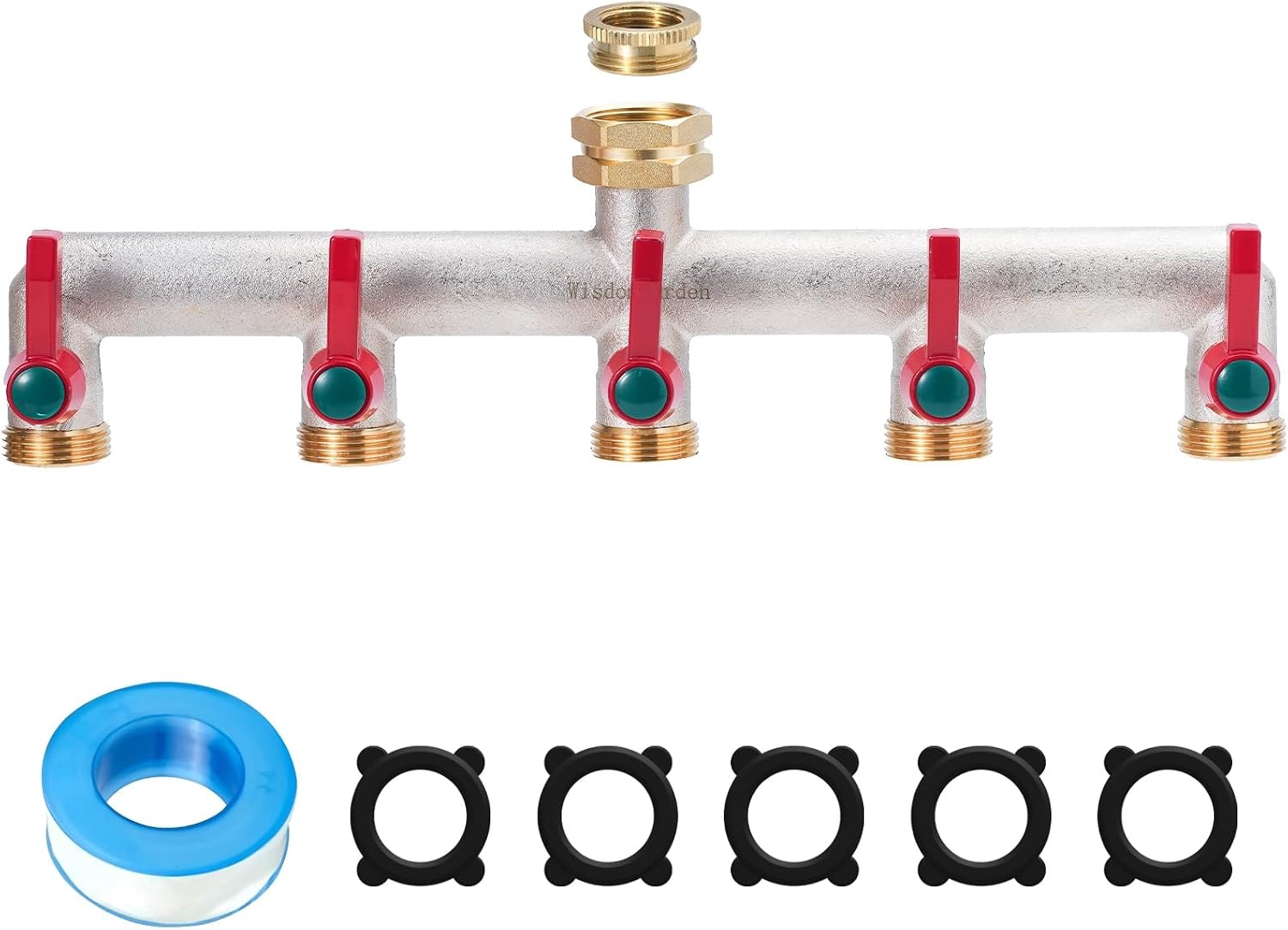 Waterverdeler 5-voudig, zware vernikkelde messing tuinslang verdeler, 5-weg verdeler water met 5 verlenggrepen, de verbeterde zeshoekige waterinlaat is duurzamer - Maat Vernickelt Messing 5way