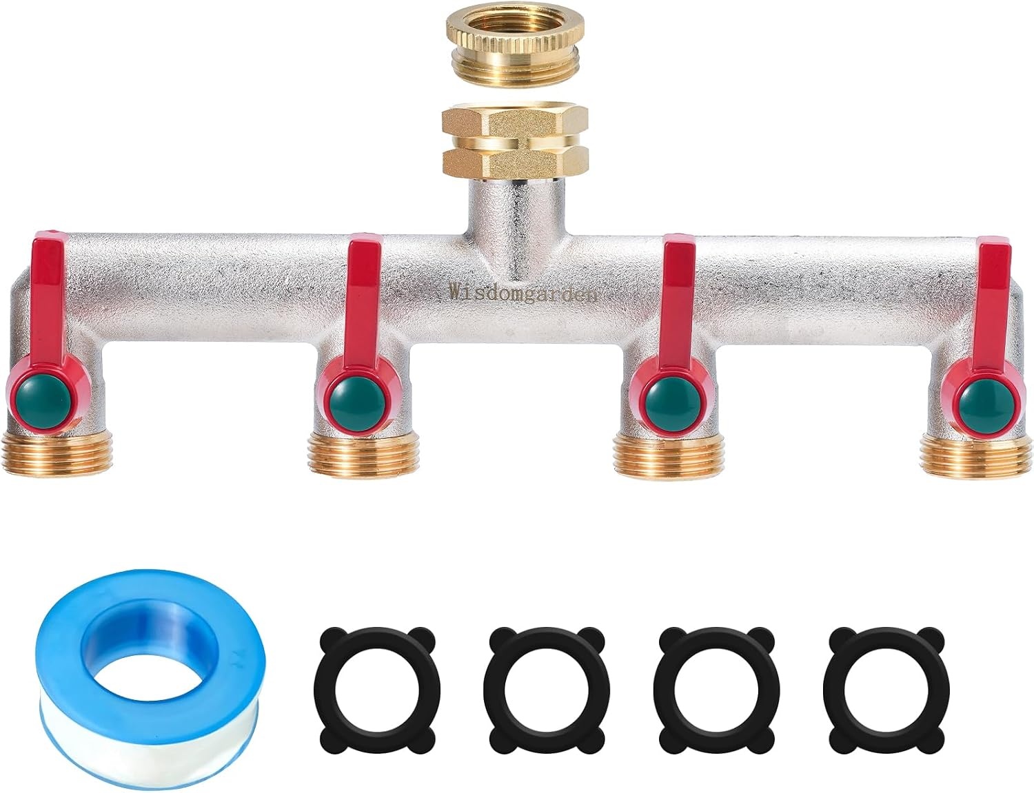 Waterverdeler 5-voudig, zware vernikkelde messing tuinslang verdeler, 5-weg verdeler water met 5 verlenggrepen, de verbeterde zeshoekige waterinlaat is duurzamer - Maat Vernickelt Messing 5way