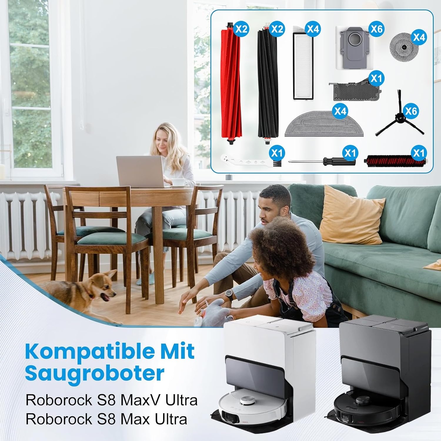 32 stuks accessoires voor Roborock S8 MaxV Ultra & S8 Max Ultra robotstofzuiger, 4 hoofdborstels, 6 stofzakken, 4 filters, 4 reinigingsdoekjes, 4 zijwissers, 6 zijborstels en reinigingsborstel