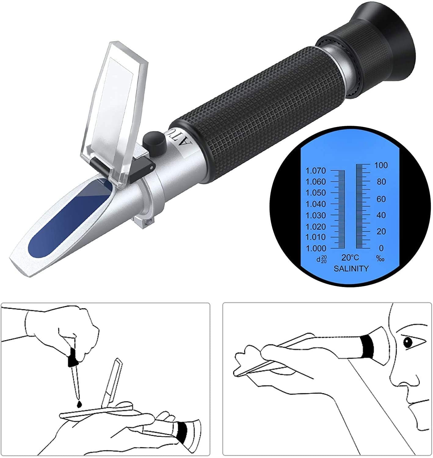 AUTOUTLET Zoutgehalte refractometer aquarium met ATC dubbele schaal 0-100 PPT en zwaartekracht specificatie 1.000-1.070 voor zeewater vissen zwembad precisiegereedschap