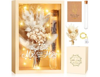 Dusor Bruiloft Geldcadeau met LED-verlichting en Gedroogde Bloemen - 16 x 11 x 5 cm - Houtlook