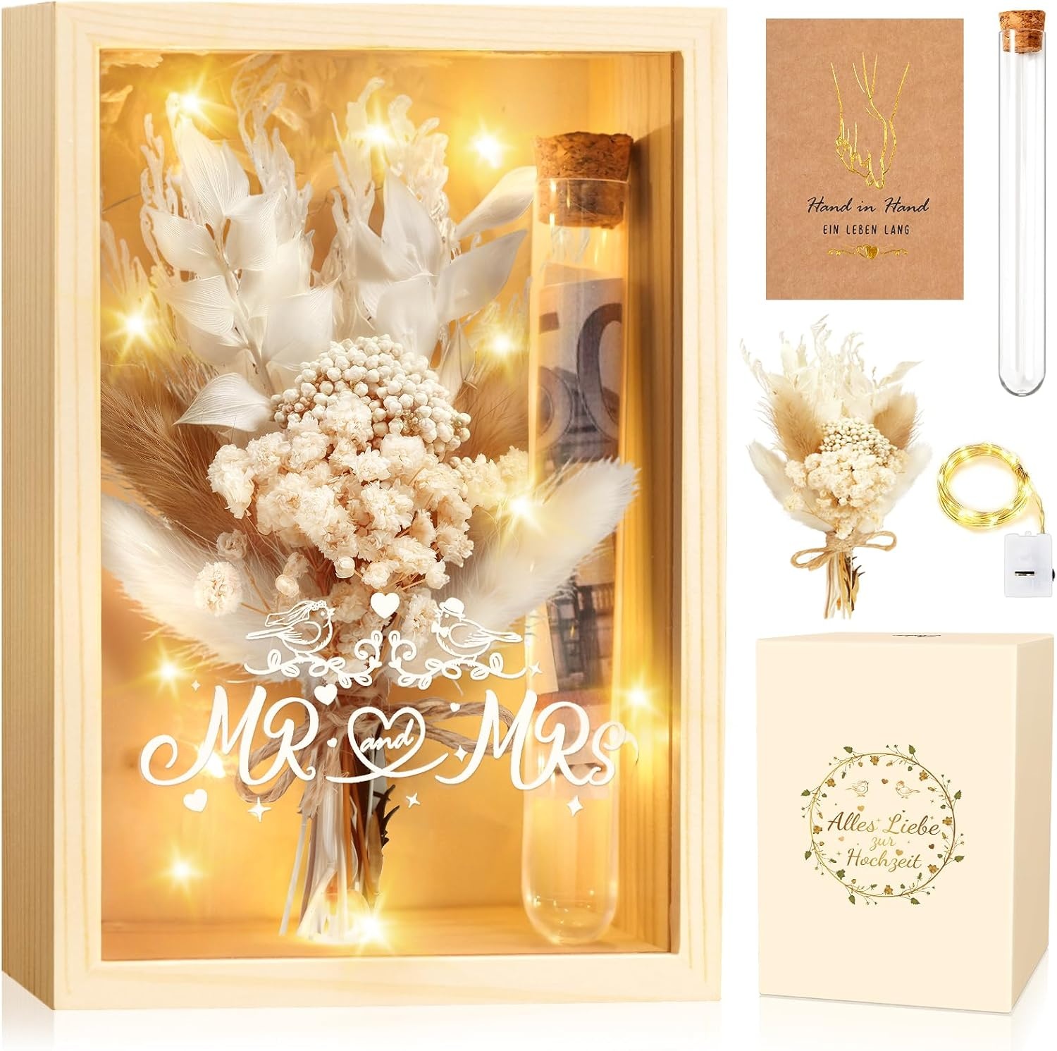 Dusor Bruiloft Geldcadeau met LED-verlichting en Gedroogde Bloemen - 16 x 11 x 5 cm - Houtlook