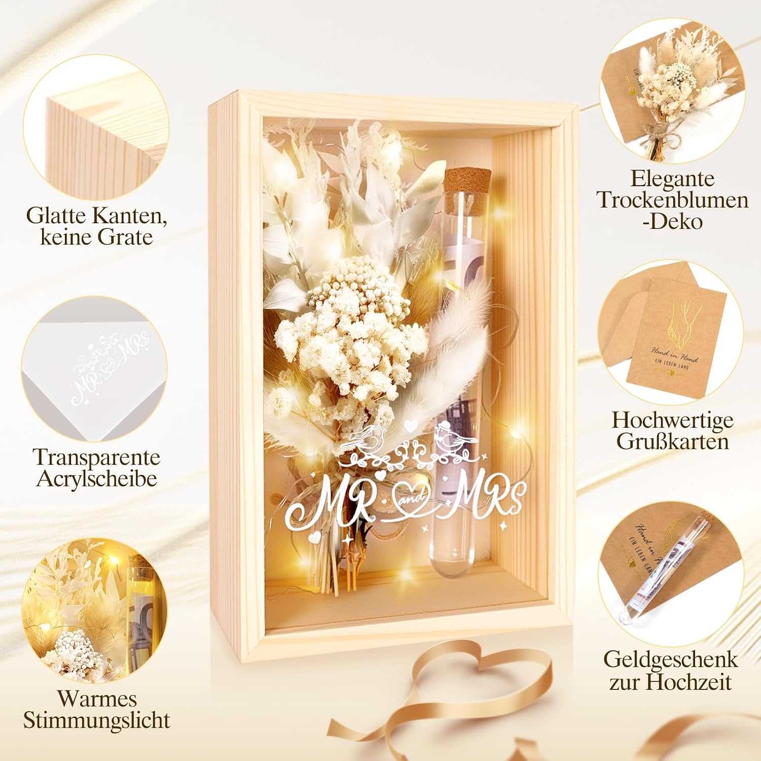 Dusor Bruiloft Geldcadeau met LED-verlichting en Gedroogde Bloemen - 16 x 11 x 5 cm - Houtlook
