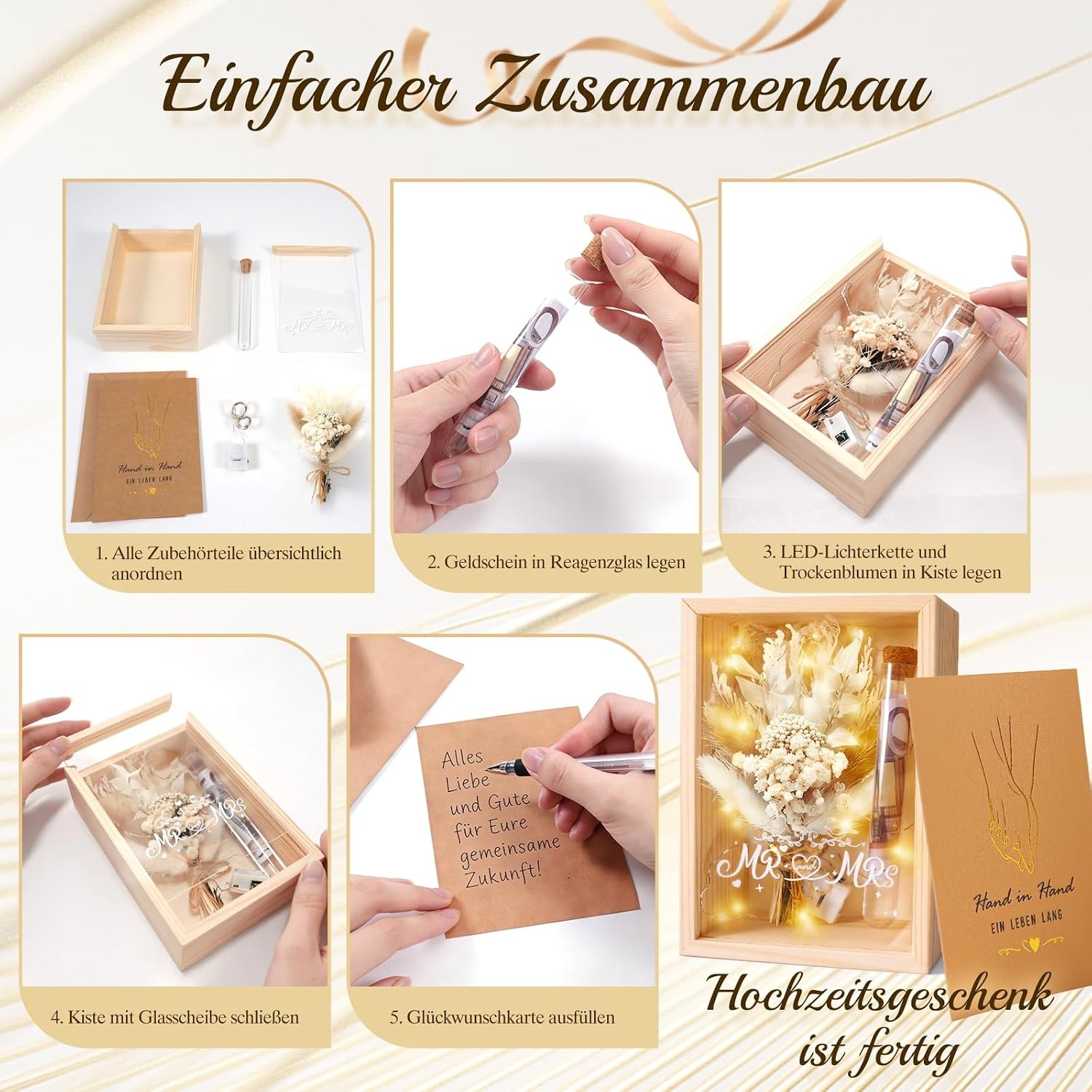 Dusor Bruiloft Geldcadeau met LED-verlichting en Gedroogde Bloemen - 16 x 11 x 5 cm - Houtlook