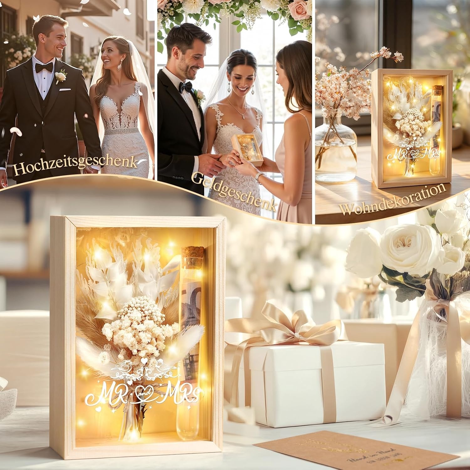 Dusor Bruiloft Geldcadeau met LED-verlichting en Gedroogde Bloemen - 16 x 11 x 5 cm - Houtlook