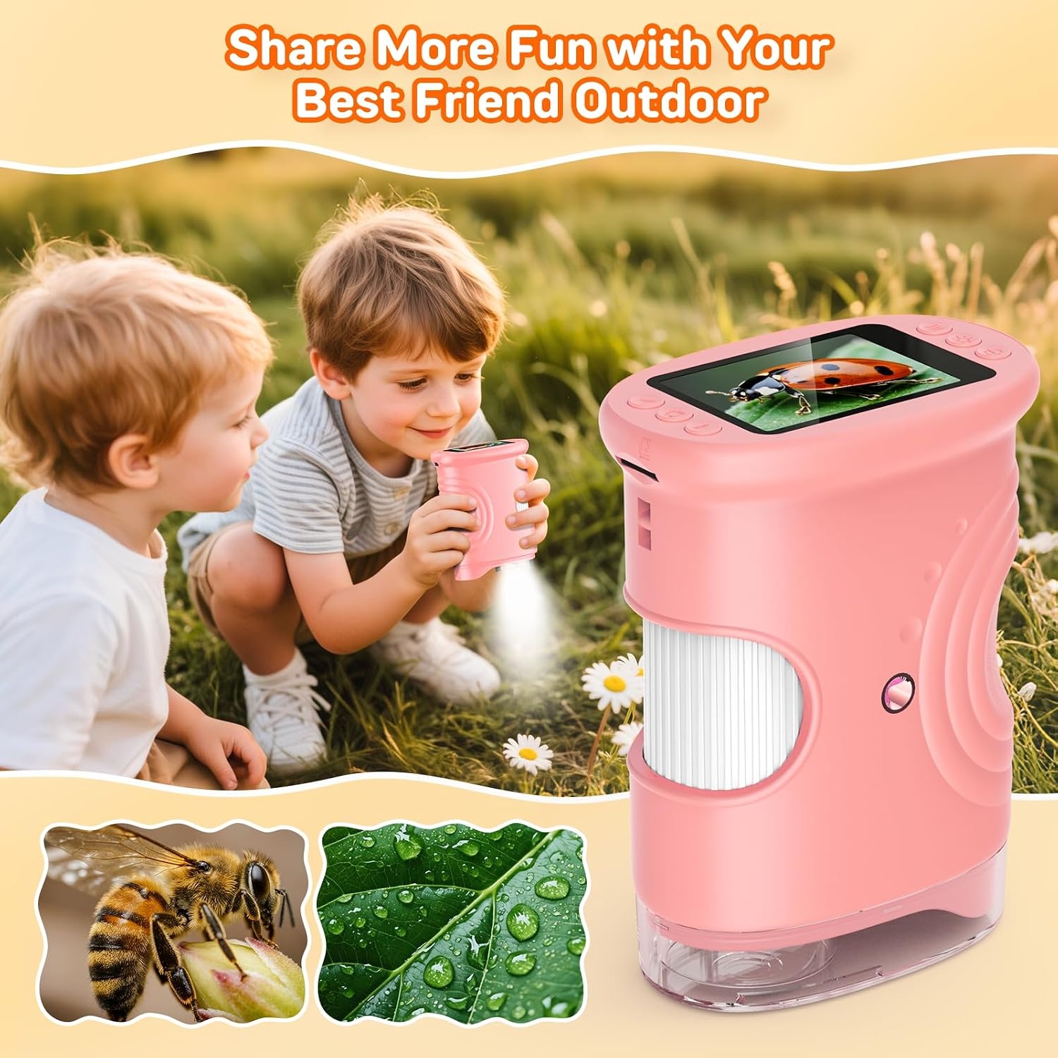 Ashfly Digitale microscoop voor kinderen, 1080p HD 2,0 inch scherm, zakmicroscoop, ledverlichting, aansluiting op pc, mini-microscoop buiten, cadeaus voor 4-12 jaar, roze